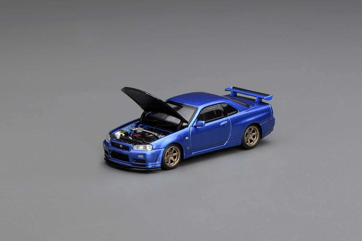 MotorHelix 1:64 Nissan Skyline GT-R (R34) V-SPEC II Customized Bayside Blue w/ Carbon Fiber Bonnet