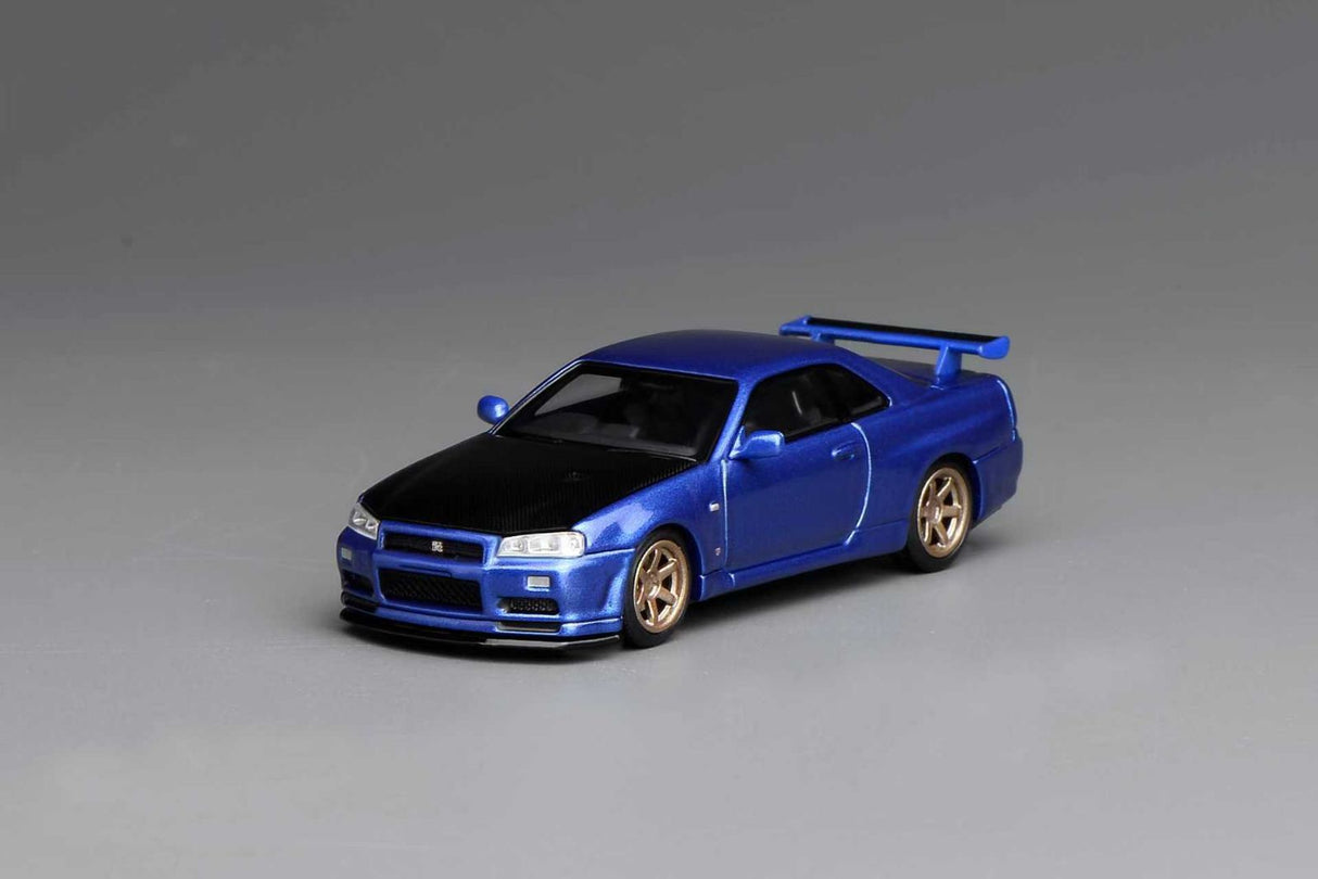 MotorHelix 1:64 Nissan Skyline GT-R (R34) V-SPEC II Customized Bayside Blue w/ Carbon Fiber Bonnet
