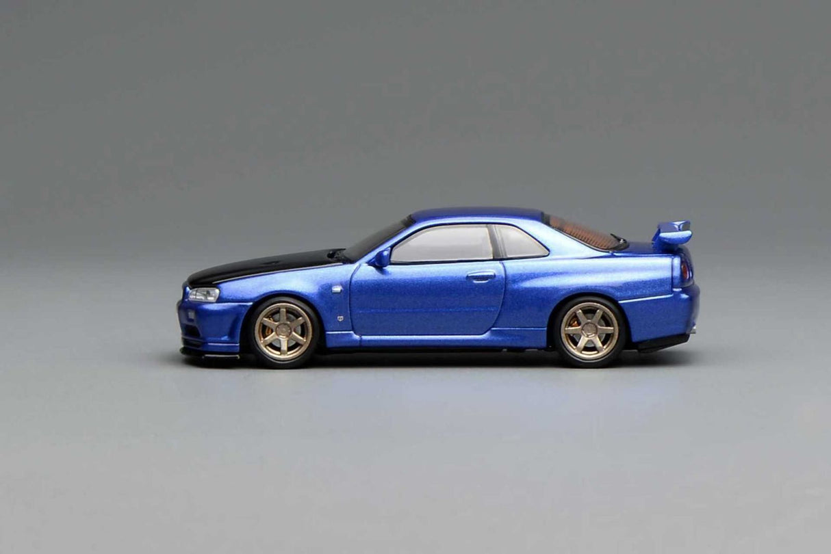 MotorHelix 1:64 Nissan Skyline GT-R (R34) V-SPEC II Customized Bayside Blue w/ Carbon Fiber Bonnet