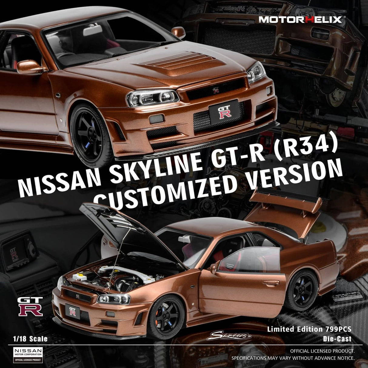 MotorHelix 1:18 Nissan Skyline GT-R (R34) Customized Version - Metallic Bronze