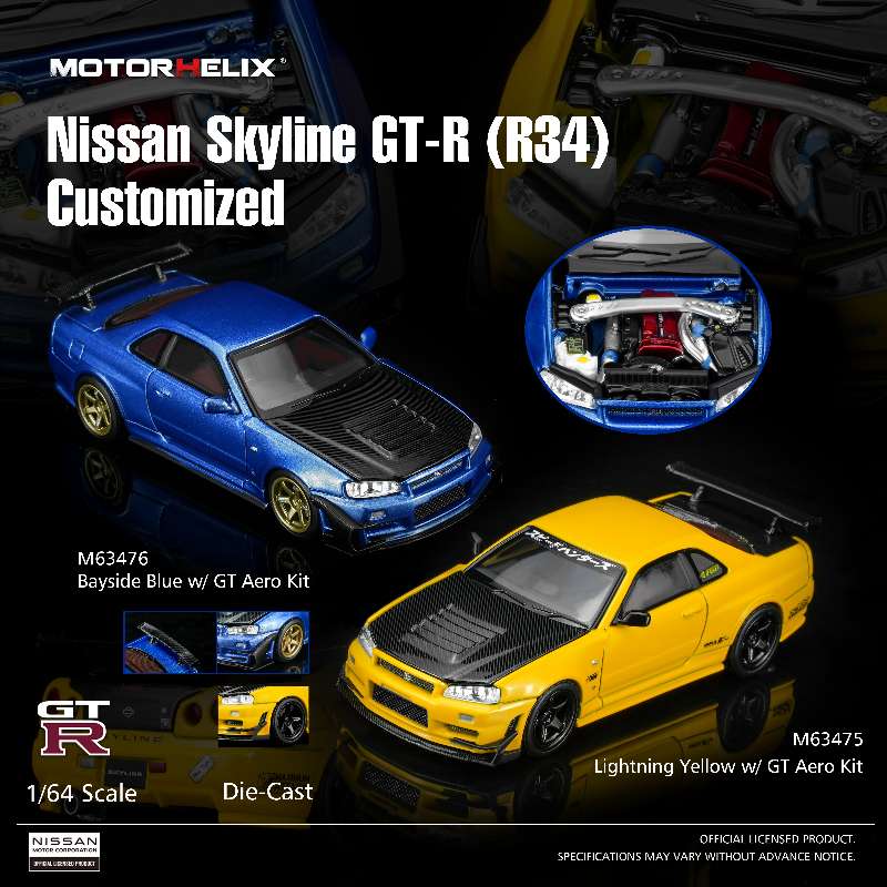 *PREORDER* MotorHelix 1:64 Nissan Skyline GT-R (R34) Customized Version in Lightning Yellow