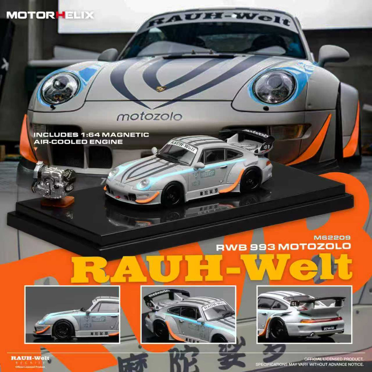 MotorHelix 1:64 RWB 993 MotoZolo Edition with Engine Display