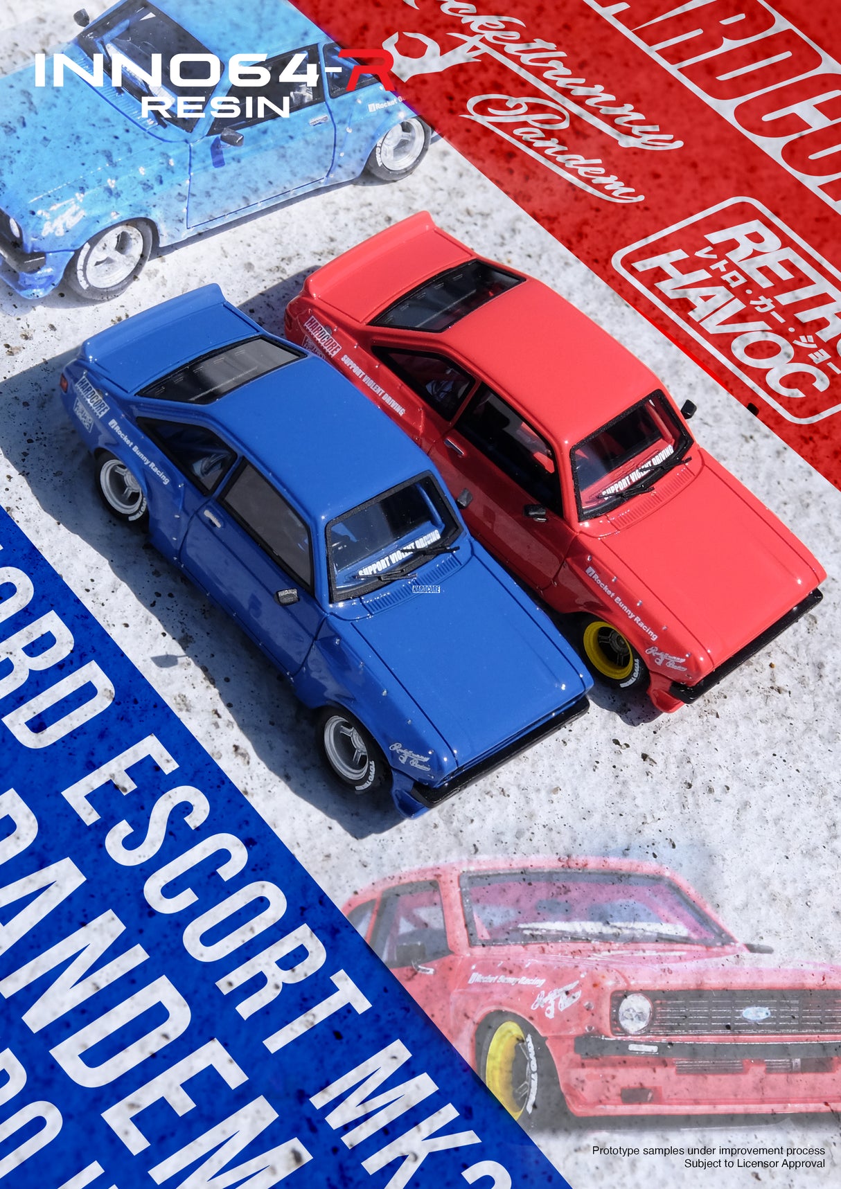 INNO64 1:64 Ford Escort MK2 PANDEM "EMOTION" RETRO HAVOC in Blue