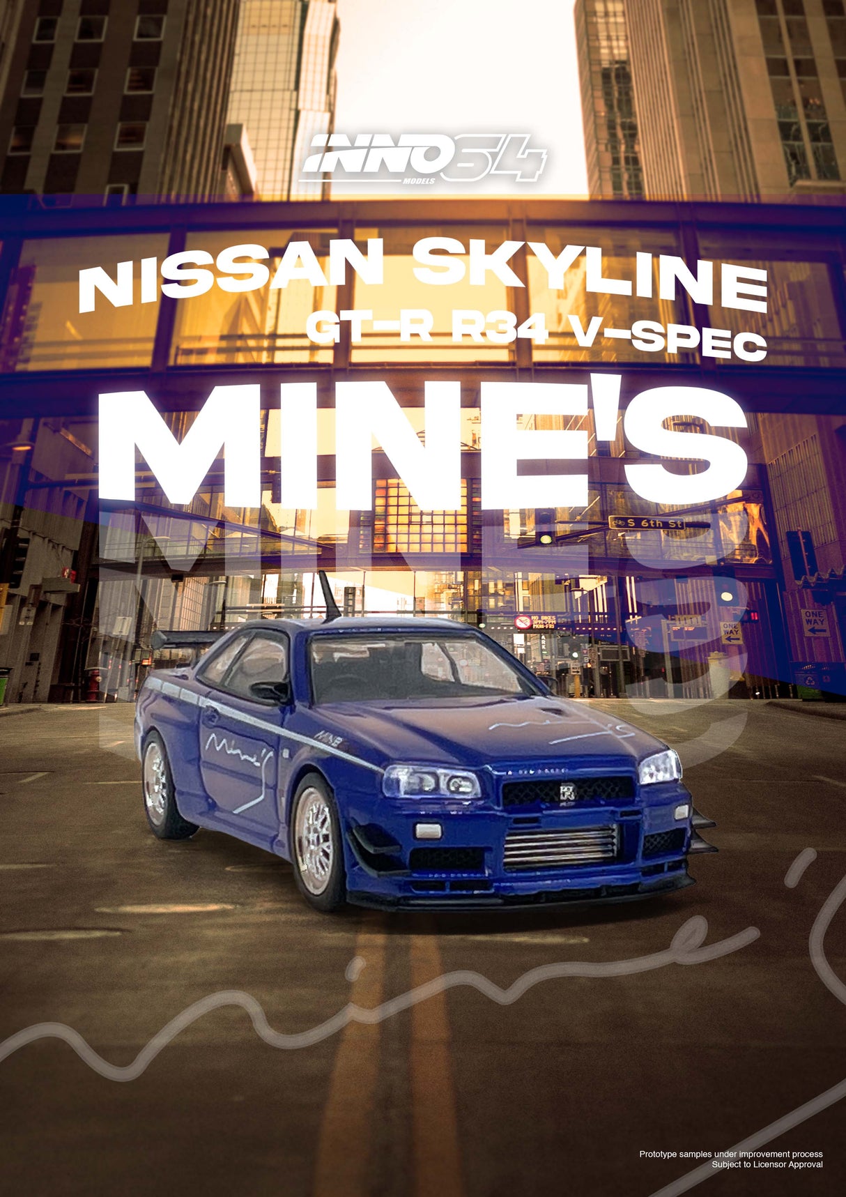 INNO64 1:64 Nissan Skyline GT-R (R34) V-Spec Tuned by "MINE'S" in Blue