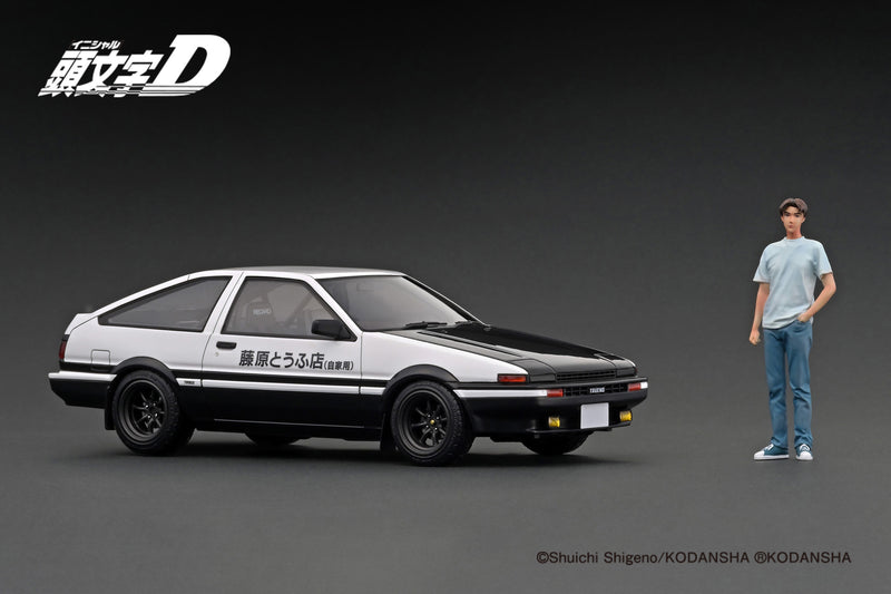 Ignition Model 1:18 Toyota Sprinter Trueno 3Dr GT Apex (AE86) INITIAL D in White & Black with Takumi Fujiwara Figure