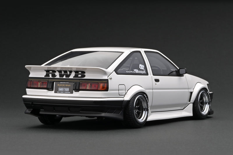 Ignition Model 1:18 Toyota AE86 RWB in White & Black with 4AG Engine Display