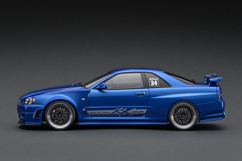 Ignition Model 1:18 Nissan Skyline (R34) GT-R TRUST Greddy 34RX in Blue Metallic