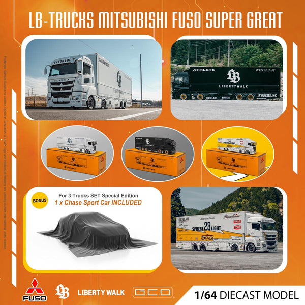 *PREORDER* GCD 1:64 Mitsubishi FUSO Super Great Truck Liberty Walk Triple Pack with Special Chase Car