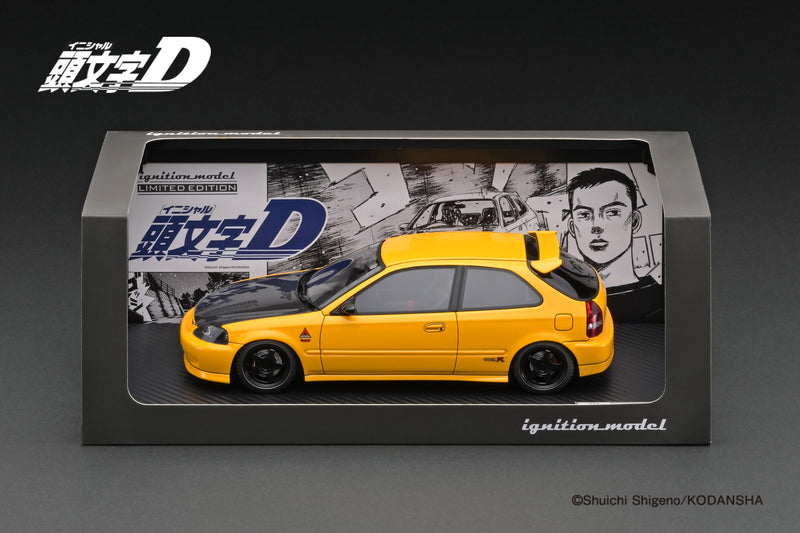 *PREORDER* Ignition Model 1:18 Honda Civic (EK9) Type-R in Yellow Initial D with Carbon Bonnet