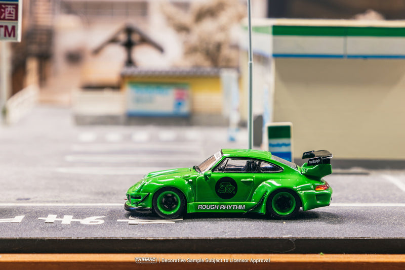 Tarmac Works 1/64 Porsche 993 RWB Rough Rhythm Fuel Fest Student Driver in Green