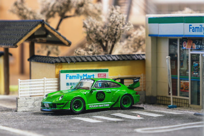 Tarmac Works 1/64 Porsche 993 RWB Rough Rhythm Fuel Fest Student Driver in Green