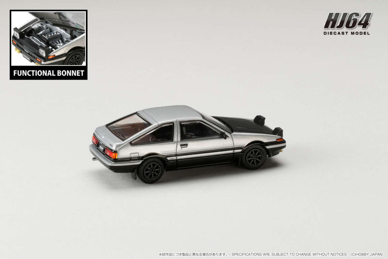 Hobby Japan 1:64 Toyota Sprinter Trueno GT Apex (AE86) in Silver / Black with Carbon Bonnet