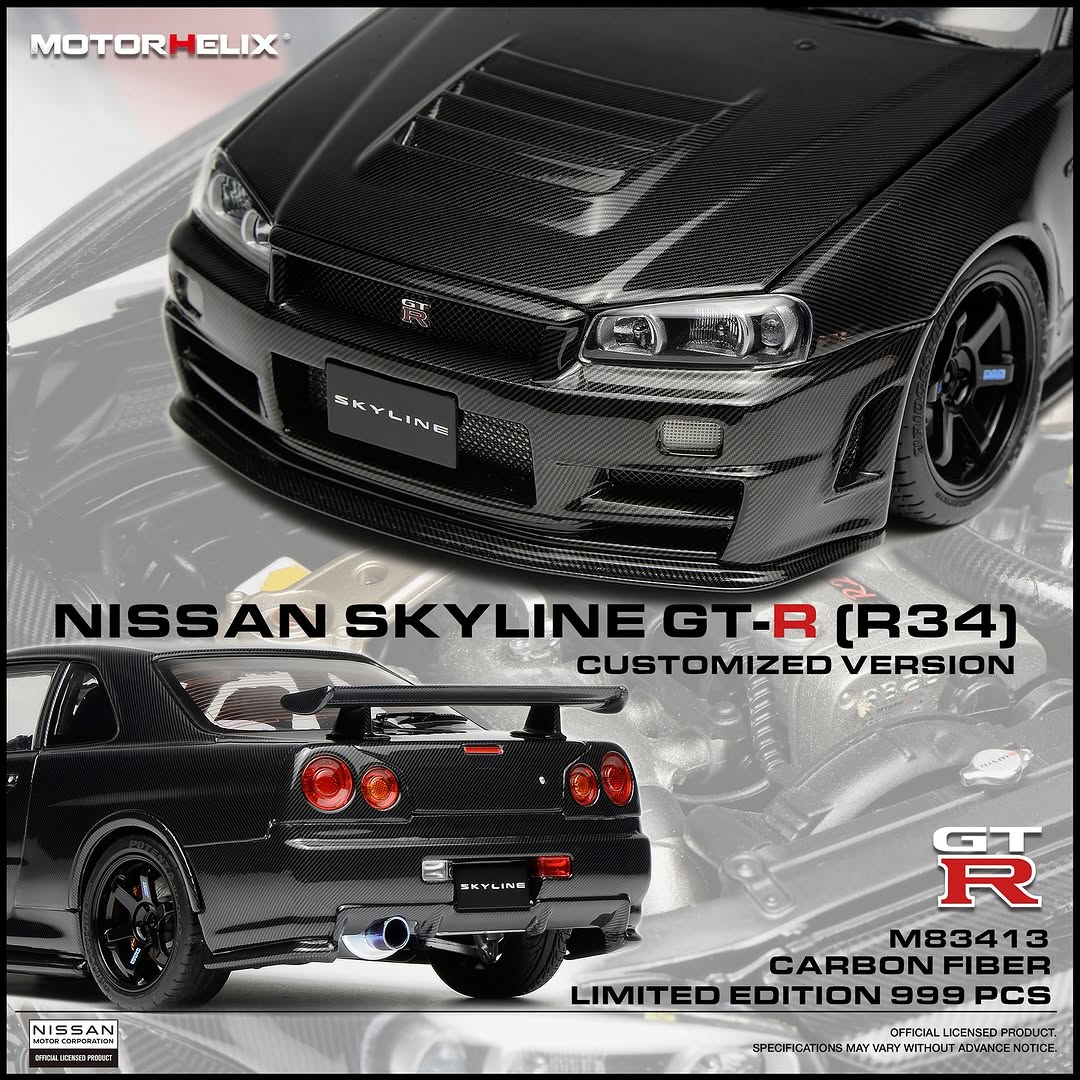 *PREORDER* MotorHelix 1:18 Nissan Skyline GT-R (R34) Customized Version - Carbon Fiber