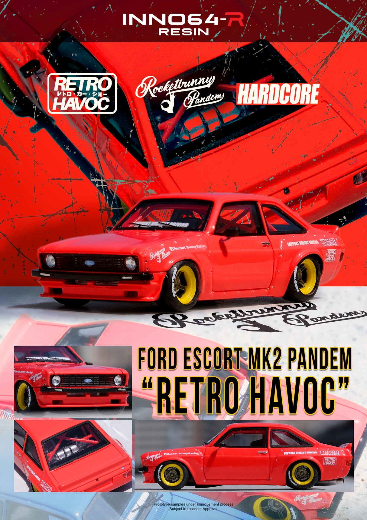 INNO64 1:64 Ford Escort MK2 PANDEM "EMOTION" RETRO HAVOC in Red