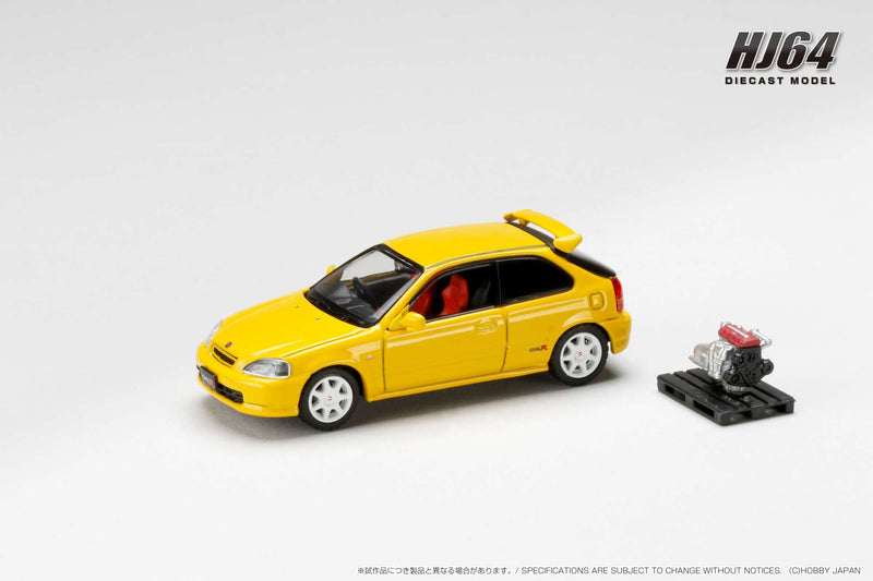 Hobby Japan 1:64 Honda Civic Type-R (EK9) Early Version in Sunlight Yellow with Engine Display