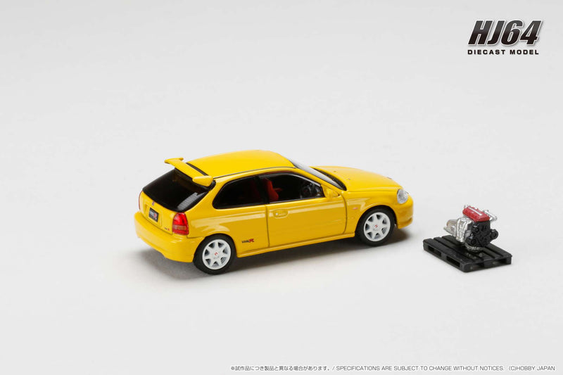 Hobby Japan 1:64 Honda Civic Type-R (EK9) Early Version in Sunlight Yellow with Engine Display