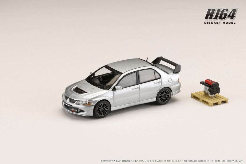 Hobby Japan 1:64 Mitsubishi Lancer EVO 8 MR GSR with Engine Display Model in Cool Silver Metallic