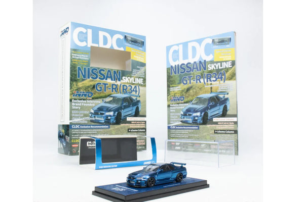 INNO64 x CLDC Exclusive 1:64 Nissan Skyline GT-R (R34) Z-Tune in Blue Metallic Carbon with English Book