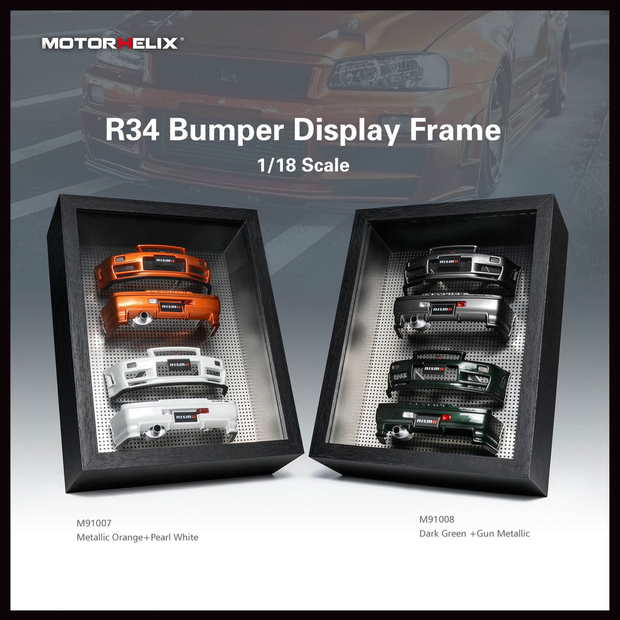 MotorHelix 1:18 Nissan Skyline (R34) Bumper Display Frame in Orange / White