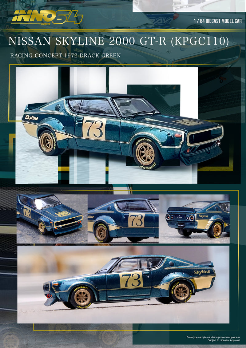 INNO64 1:64 Nissan Skyline 2000GT-R (KPGC110) in Racing Concept Green