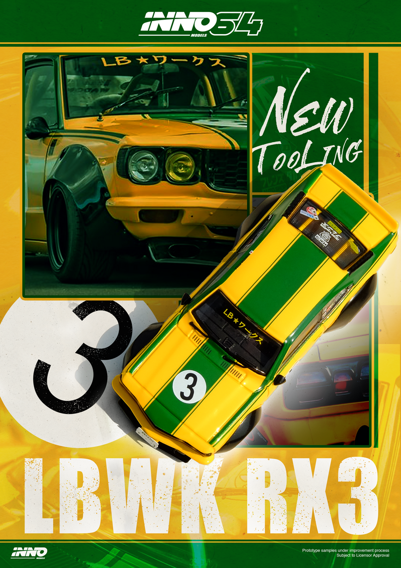 INNO64 1:64 Mazda RX-3 Savanna LBWK in Yellow