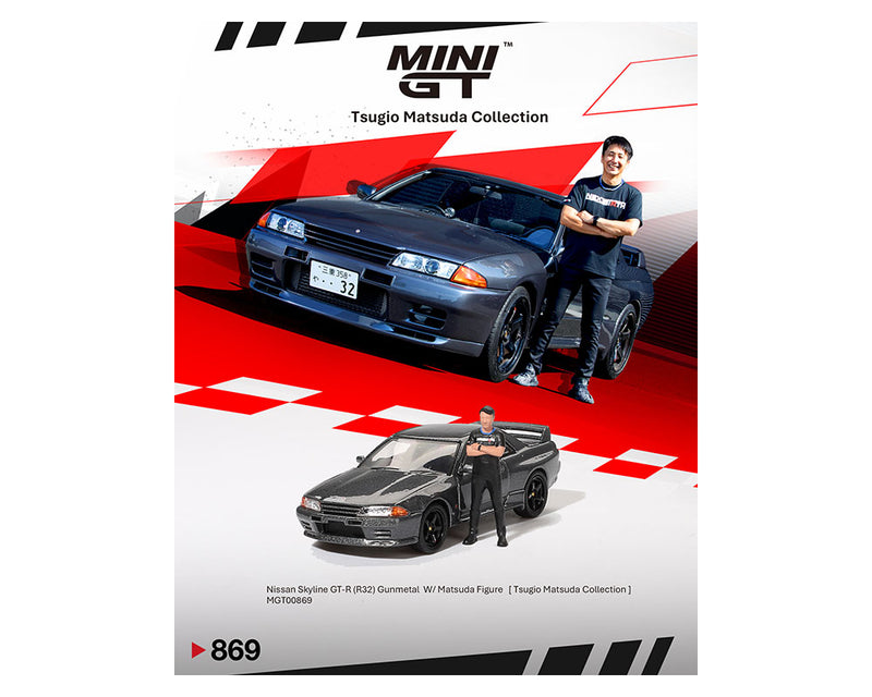 *PREORDER* MINI GT 1:64 Nissan Skyline GT-R (R32) Nismo Gunmetal with Matsuda Figure – Tsugio Matsuda Collection