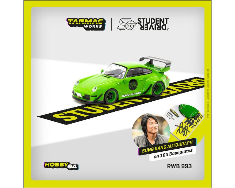 Tarmac Works 1/64 Porsche 993 RWB Rough Rhythm Fuel Fest Student Driver in Green