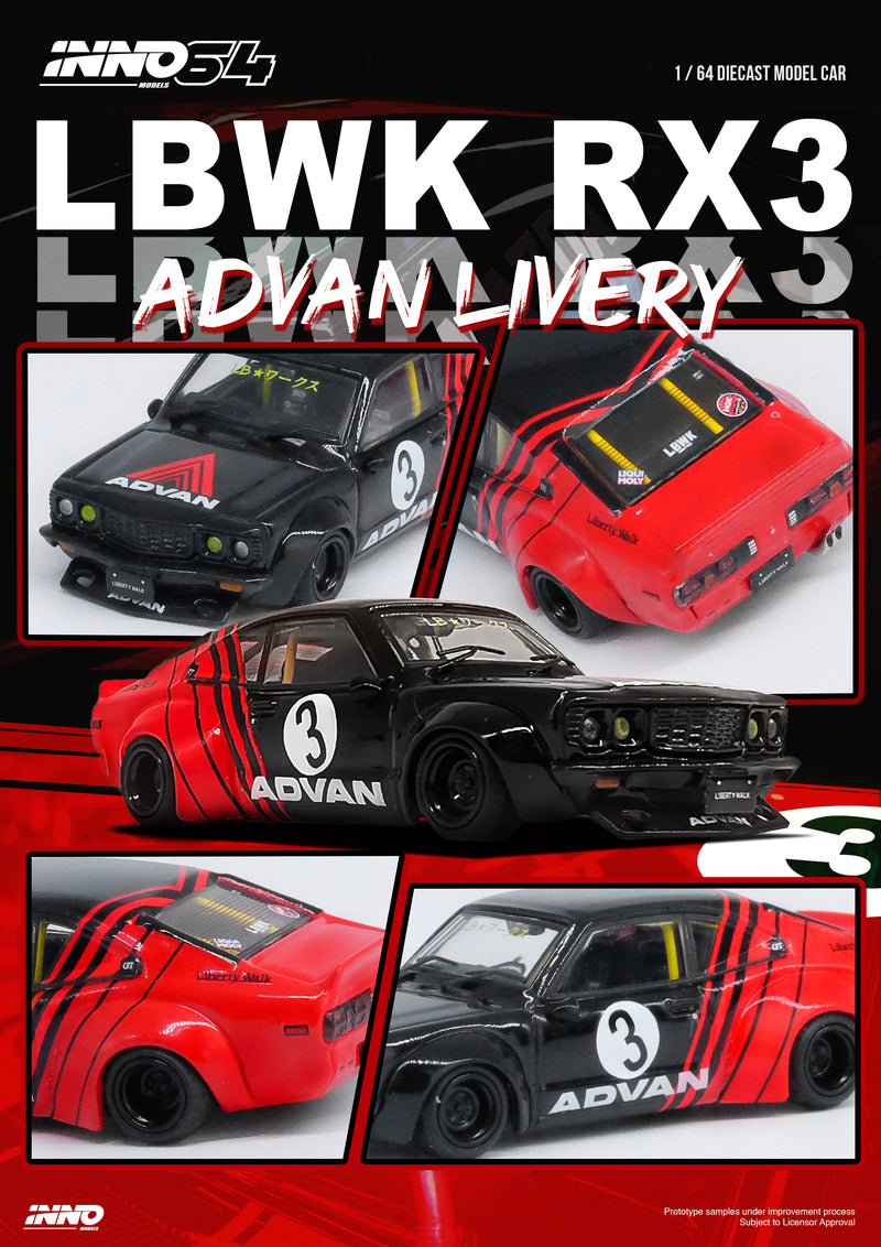 *PREORDER* INNO64 1:64 Mazda RX-3 Savanna LBWK in "Advan Livery"