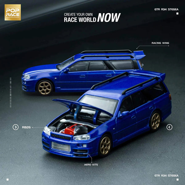 Pop Race 1/64 Nissan Stagea GT-R R34 Conversion in Bayside Blue