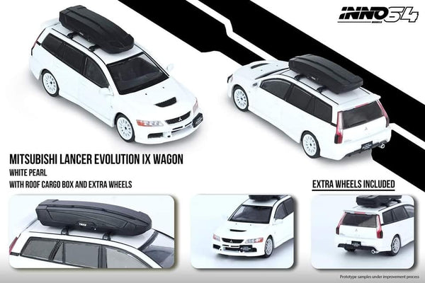 INNO Models 1:64 Mitsubishi Lancer EVO IX Wagon Pearl White with Cargo Box + Extra Wheels