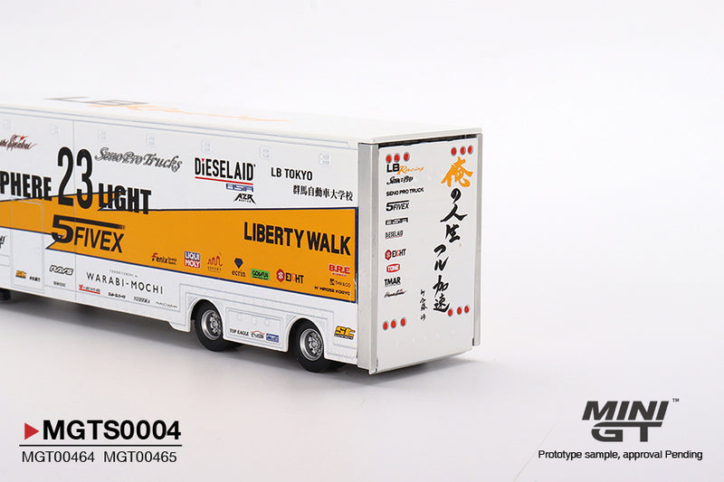 MINIGT 1:64 Mercedes-Benz Actros w/40 Ft Container "LBWK Racing" Transporter