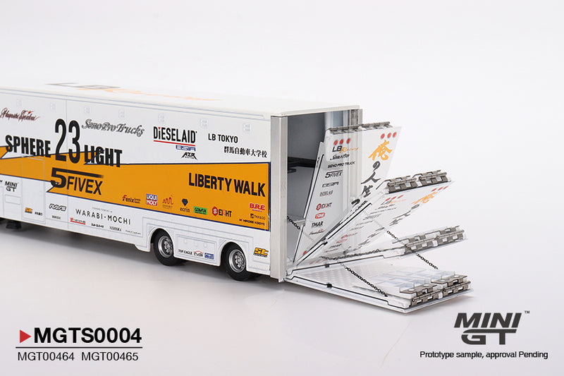 MINIGT 1:64 Mercedes-Benz Actros w/40 Ft Container "LBWK Racing" Transporter