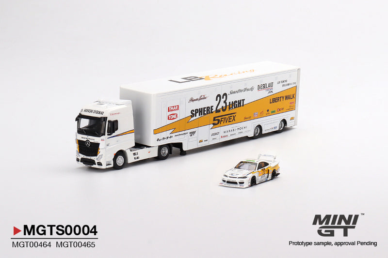 MINIGT 1:64 Mercedes-Benz Actros w/40 Ft Container "LBWK Racing" Transporter