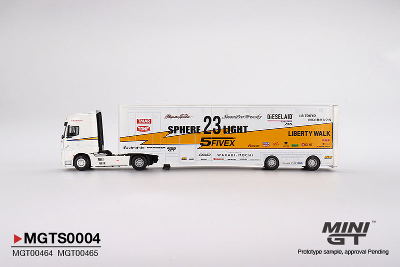 MINIGT 1:64 Mercedes-Benz Actros w/40 Ft Container "LBWK Racing" Transporter