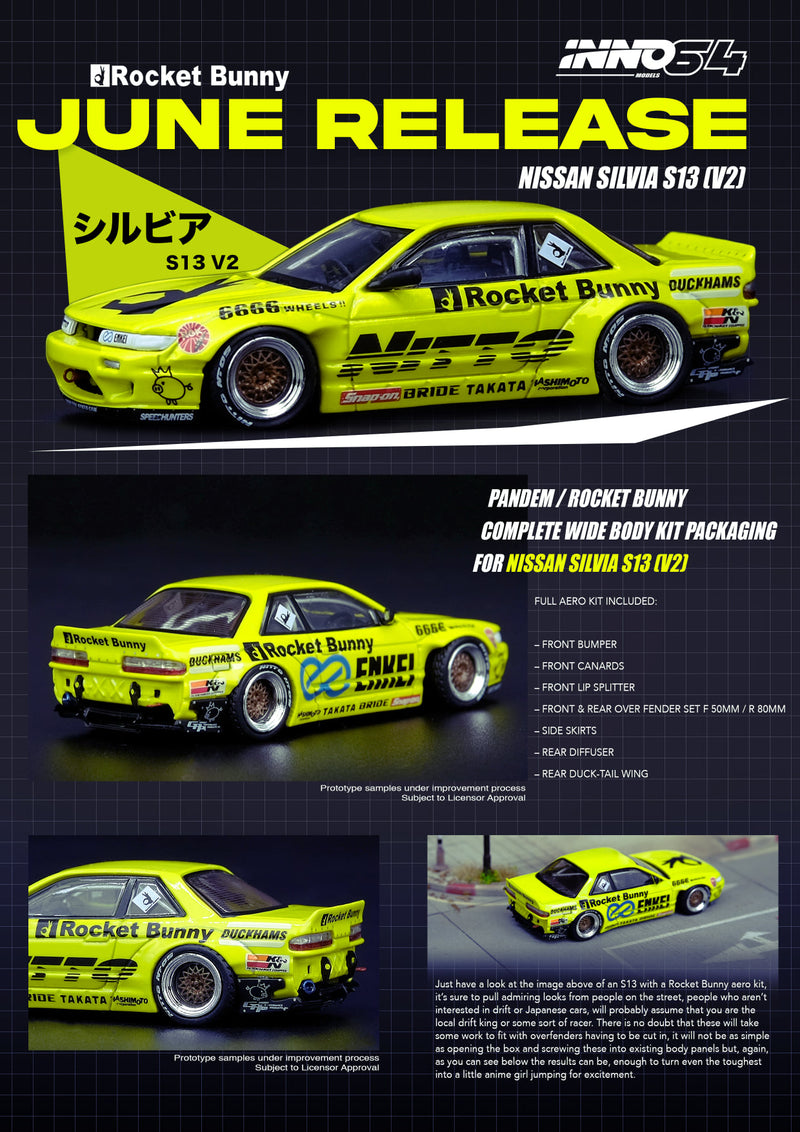 INNO Models 1:64 Nissan Silvia S13 V2 Pandem Rocket Bunny Flourescent Yellow