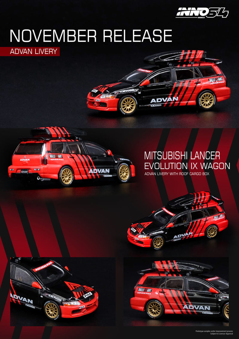 INNO Models 1:64 Mitsubishi Lancer EVO IX Wagon "ADVAN" Livery with Roof Cargo Box and Road Car Interior