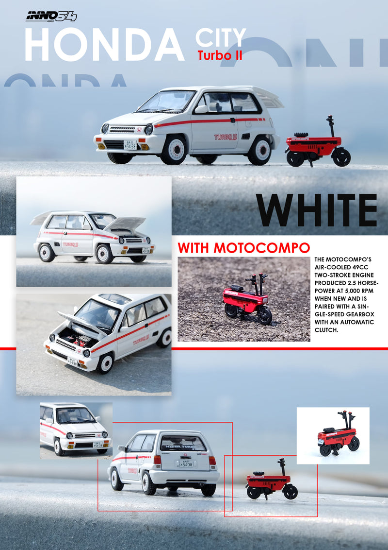 INNO Models 1:64 Honda City Turbo II with Honda Motocompo in White