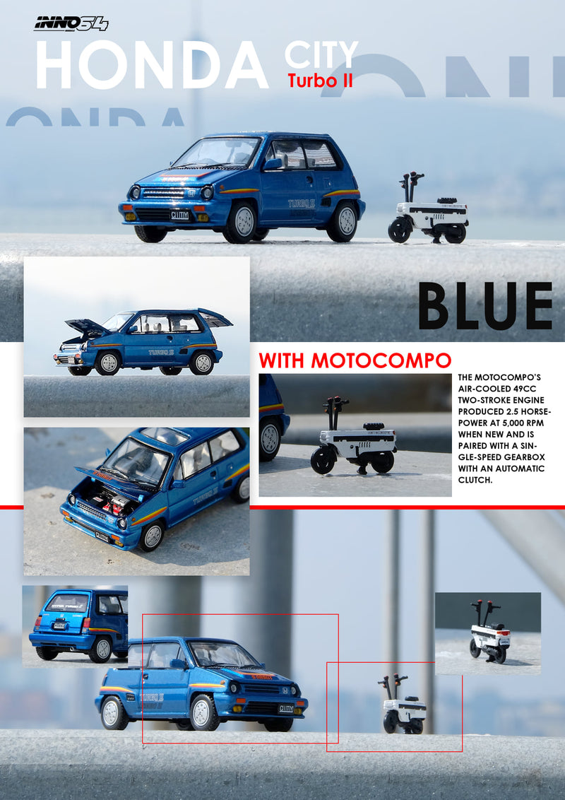 INNO Models 1:64 Honda City Turbo II with Honda Motocompo in Blue