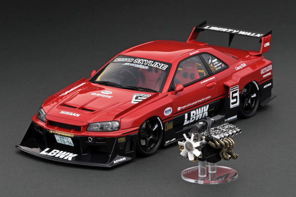 Ignition Model 1:18 Nissan Skyline (ER34) LBWK Super Silhouette in Red / Black with Engine Display