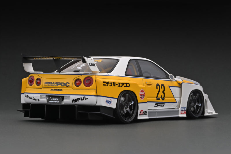 Ignition Model 1:18 Nissan Skyline (ER34) Super Silhouette LBWK in White and Yellow with Mr. Kato Figure