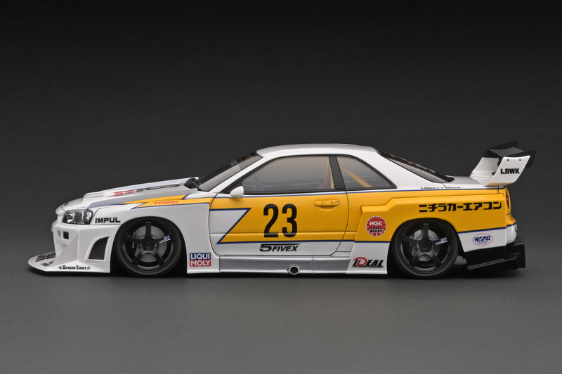 Ignition Model 1:18 Nissan Skyline (ER34) Super Silhouette LBWK in White and Yellow with Mr. Kato Figure