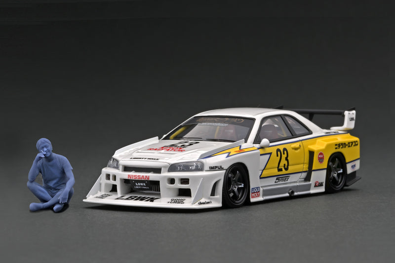 Ignition Model 1:43 Nissan Skyline (ER34) Super Silhouette LBWK in White and Yellow with Mr. Kato Figure