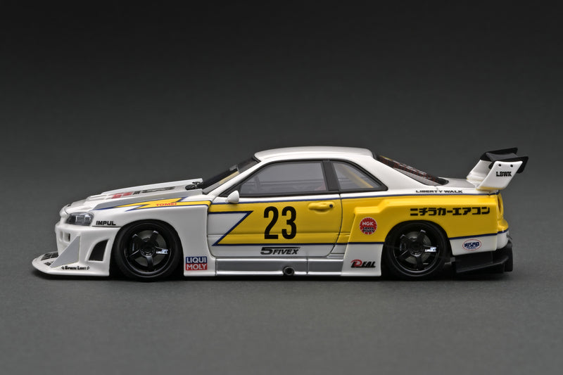 Ignition Model 1:43 Nissan Skyline (ER34) Super Silhouette LBWK in White and Yellow with Mr. Kato Figure