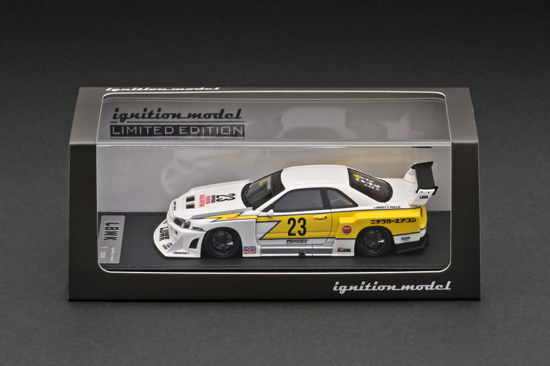 Ignition Model 1:43 Nissan Skyline (ER34) Super Silhouette LBWK in White and Yellow with Mr. Kato Figure