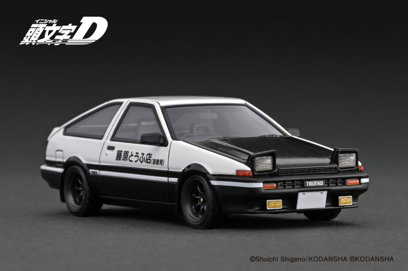 Ignition Model 1:43 Toyota Sprinter Trueno 3Dr GT Apex (AE86) Initial D in White / Black with Takumi Fujiwara Figure