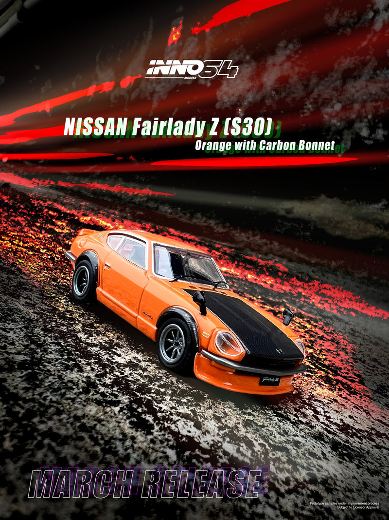 INNO64 1:64 Nissan Fairlady Z (S30) Orange with Carbon Bonnet