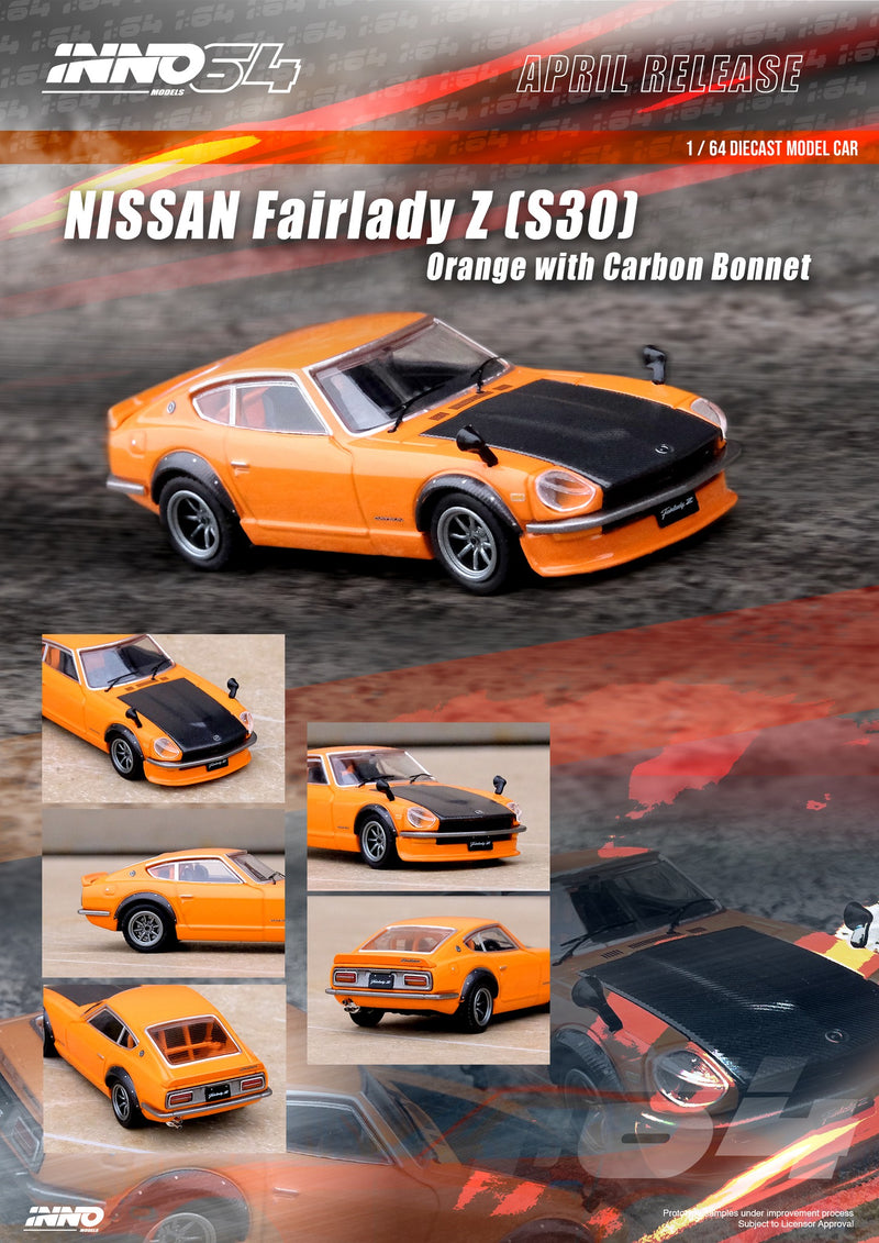 INNO64 1:64 Nissan Fairlady Z (S30) Orange with Carbon Bonnet