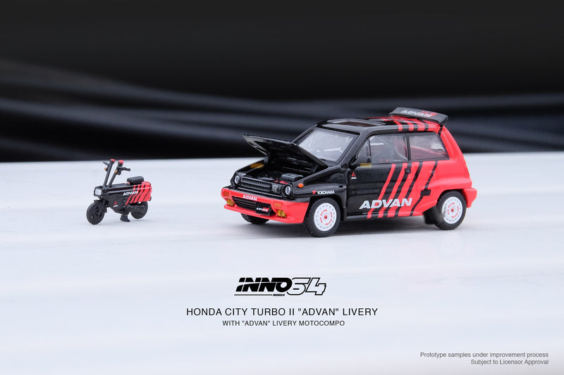 INNO64 1:64 Honda City Turbo II "Advan" Livery with "Advan" Motocompo