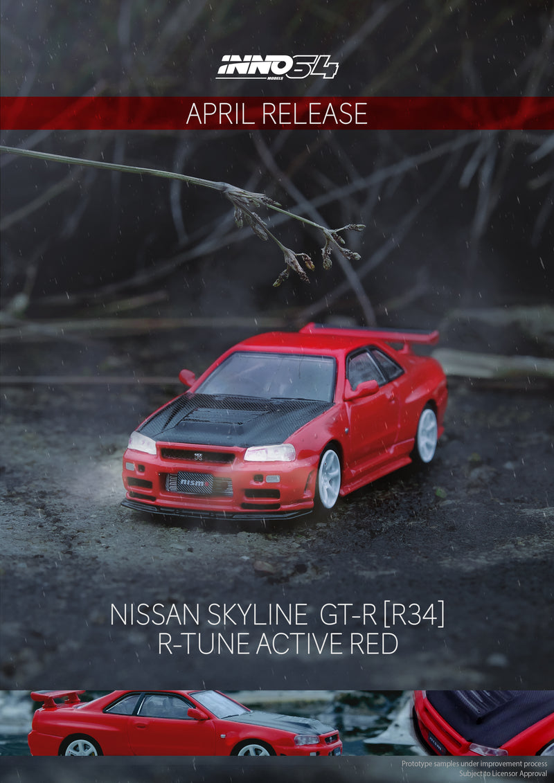 INNO64 1:64 Nissan Skyline GT-R R34 R-Tune R-Tune in Active Red with Carbon Bonnet