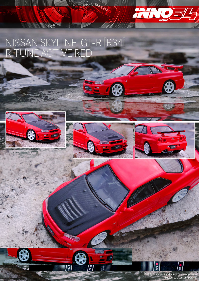 INNO64 1:64 Nissan Skyline GT-R R34 R-Tune R-Tune in Active Red with Carbon Bonnet